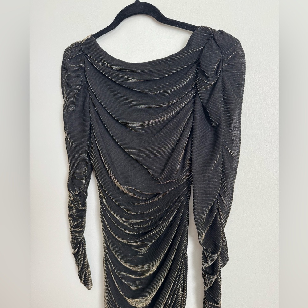 Vintage 80s Scarlett Ruched Black Gold Metallic Mini Dress Long Sleeve Size 5/6 - Picture 4 of 12